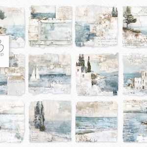 PNG méditerranéens en sourdine - peintures grecques délavées à la chaux - collages d'îles grecques - collages grecs grungy - maisons grecques blanches techniques mixtes