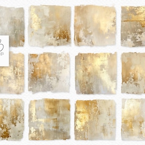 May include: Twelve digital paper textures arranged in a grid. Each square features a distressed, white background with gold accents. The textures are ideal for adding a touch of elegance to digital designs.