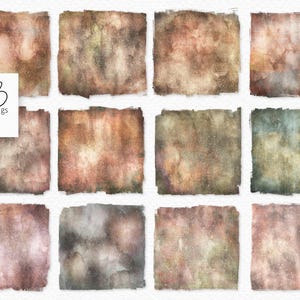Könnte beinhalten: Eine Sammlung von zwölf quadratischen Digitalpapieren mit einem strukturierten Aquarell-Effekt. Die Papiere weisen eine Vielzahl warmer, erdiger Farbtöne auf, darunter Braun-, Orange- und Grüntöne. Das Logo "rileyBpngs" befindet sich in der oberen linken Ecke.