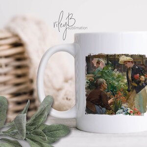 May include: White ceramic mug with a colorful image of three people in a garden setting. The image features a woman in a white hat, a woman in a brown dress, and a man in a brown coat. The image is surrounded by a distressed white border.