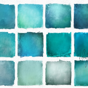 Op de afbeelding: Een verzameling van twaalf vierkante digitale achtergronden in tinten teal, turquoise en blauw. Elke vierkant heeft een getextureerde, verweerde uitstraling met variaties in kleur en schaduw. De afbeelding bevat de tekst "rileyB sublimation".