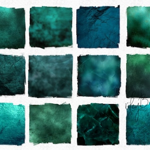Op de afbeelding: Twaalf digitale papiertexturen in tinten van teal en groen. De texturen hebben een verweerde, verouderde en vintage uitstraling.