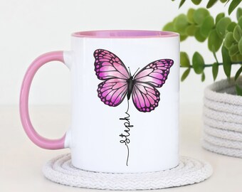 Taza personalizada con nombre de mariposa, regalo de cumpleaños de mariposa, taza rosa con nombre de mariposa, tazas de colores con nombre personalizado