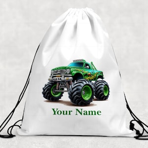 Personalised Monster Truck PE Bag, Kids School Book Bag, Monster Truck Water Bottle, Back To School, Kids Drawstring Bag, Monster Truck Gift