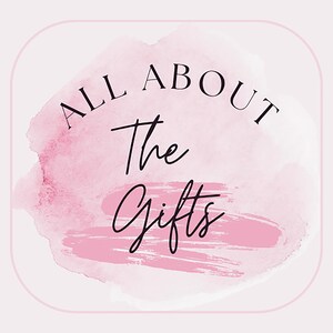 Puede incluir: Un dise&ntilde;o de acuarela rosa con las palabras "ALL ABOUT The Gifts" en escritura negra. El texto est&aacute; centrado en una salpicadura de acuarela rosa, con un borde rosa claro.