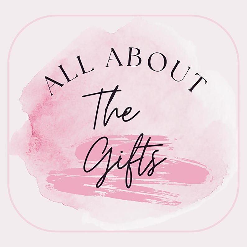 Puede incluir: Un dise&ntilde;o de acuarela rosa con las palabras "ALL ABOUT The Gifts" en escritura negra. El texto est&aacute; centrado en una salpicadura de acuarela rosa, con un borde rosa claro.