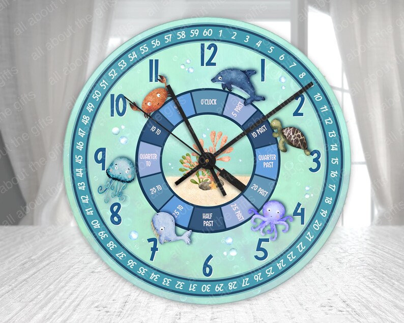 Under the Sea Wall Clock, Glass Wall Clock, Kids Learning Clock, Learn ...