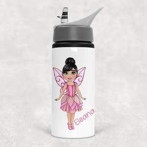 May include: A white water bottle with a grey lid and a flip-up straw. The bottle features a cartoon illustration of a fairy with dark hair in a bun, wearing a pink dress and pink ballet slippers, with the name Eleana printed in pink script.