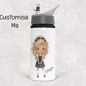 May include: White water bottle with a grey lid and a flip-top spout. The bottle features a cartoon illustration of a girl in a school uniform. The text "Customise Me" is above the illustration, and the name "Steph" is below.