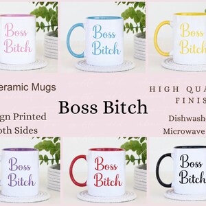 Puede incluir: Tazas de cer&aacute;mica blancas con asas e interiores de colores, cada una con la inscripci&oacute;n "Boss Bitch". Las tazas de 312 ml tienen un dise&ntilde;o impreso por ambas caras. Aptas para lavavajillas y microondas.