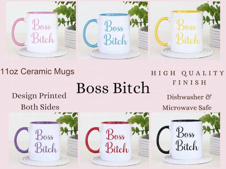 Puede incluir: Tazas de cer&aacute;mica blancas con asas e interiores de colores, cada una con la inscripci&oacute;n "Boss Bitch". Las tazas de 312 ml tienen un dise&ntilde;o impreso por ambas caras. Aptas para lavavajillas y microondas.