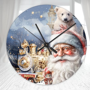 Christmas Glass Clock, Glass Wall Clock, Christmas Decor, Santa Clock, Christmas Gift For Family, Christmas Train Clock