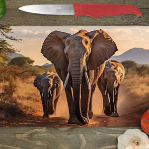 May include: A rectangular glass chopping board with a wildlife scene of three elephants walking towards the viewer. The elephants are on a dirt path with dry grass and trees in the background. A red-handled knife rests on top.