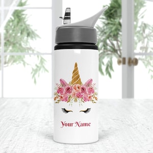 Personalised Unicorn Drinks Bottle, Girls School Water Bottle, Back To School