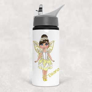 May include: A white water bottle with a grey lid and straw, featuring a cartoon illustration of a fairy with brown hair, a daisy crown, yellow wings, and a yellow dress. The name Eleana is printed in yellow script on the side of the bottle.