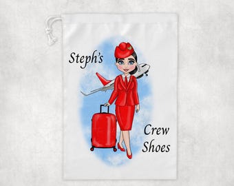 Personalised Cabin Crew Shoe Bag, Crew Shoes Bag, Flight Attendant Travel Bag, Air Hostess Drawstring Bag,