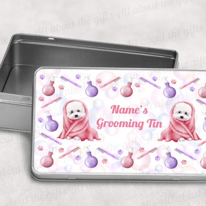 Personalised Dog Grooming Storage Tin, Pet Grooming Accessories Tin, Grooming Brushes And Combs, Dog Grooming Gift, Dogs Nail Trimmer Tin