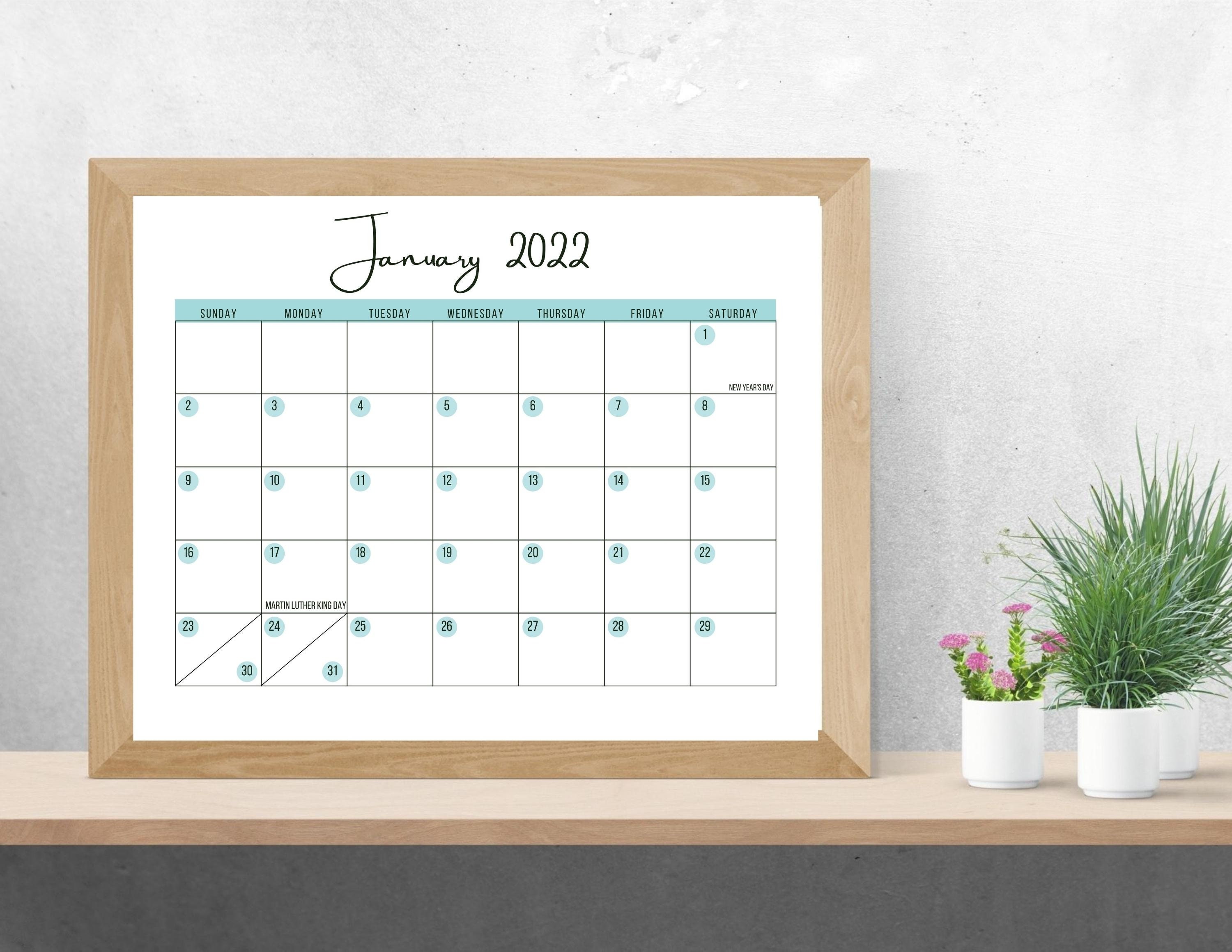 blue printable monthly calendar 2022 instant pdf download etsy