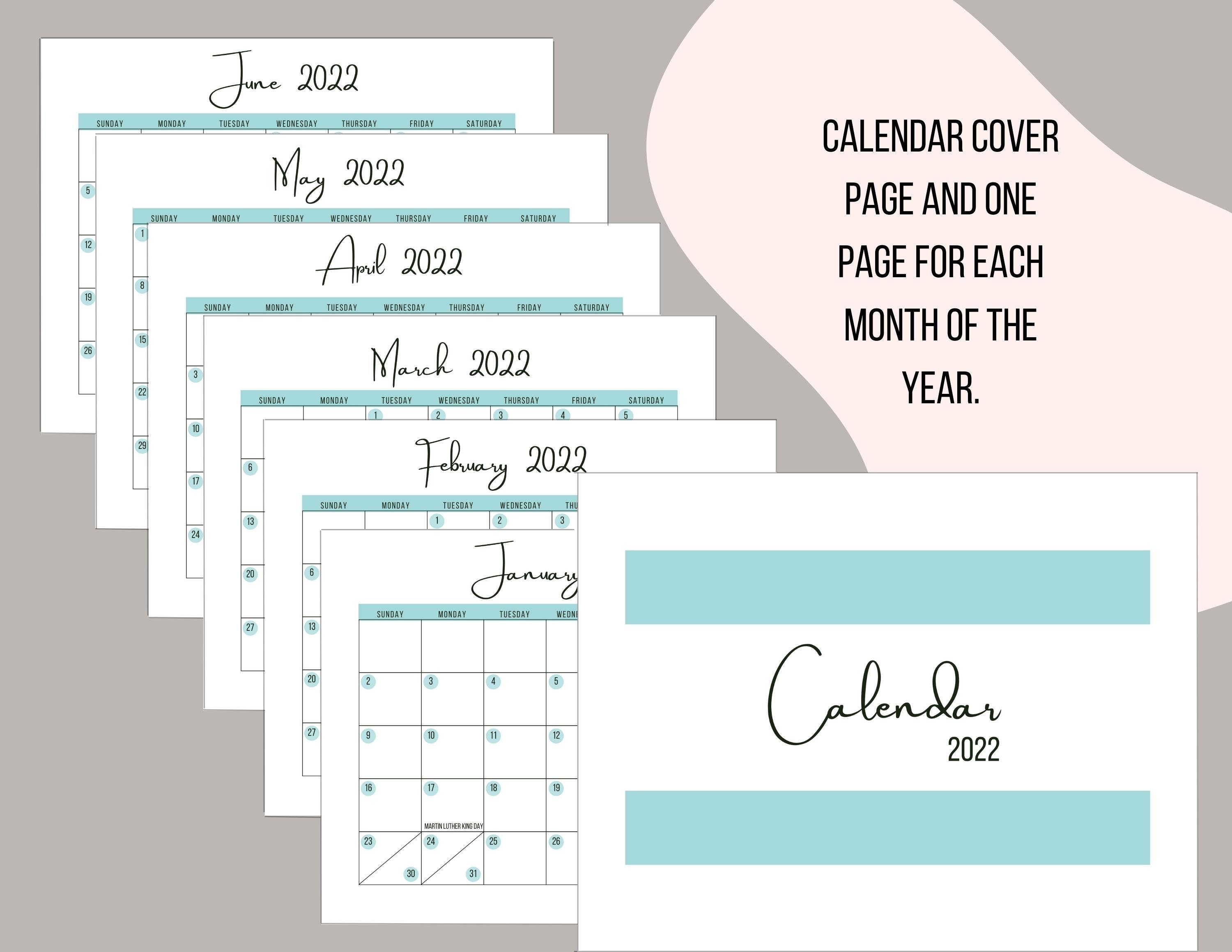 blue printable monthly calendar 2022 instant pdf download etsy