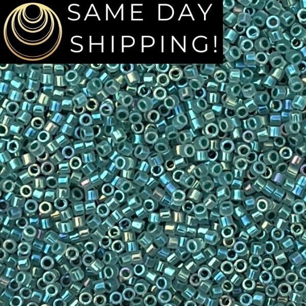 SAME DAY SHIPPING! 1-20 Grams Miyuki 11/0 Delica Beads DB1768 Forest Green Lined Opal, Cylinder Seed Bead, Creamy Turquoise Free Container!