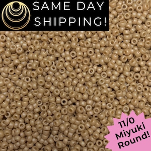 May include: A large collection of small, round, beige-colored beads with a matte finish. A black rectangular banner at the top displays the text SAME DAY SHIPPING! and a pink starburst graphic at the bottom right contains the text 11/0 Miyuki Round!