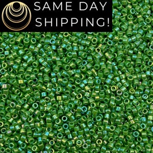 DB163 SAME DAY Shipping! 1-20 Grams Miyuki 11/0 Delica Beads Opaque Green AB Rainbow -Free Container!