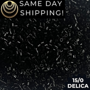 May include: Close-up of a pile of small, black Delica beads. The beads are cylindrical with a small hole running through the center. The text "15/0 DELICA" is visible in the lower right corner.
