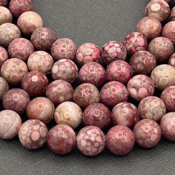 Natural 8mm/6mm/4mm Pink Coral Fossil Maifanite Smooth Round Gemstone Strand of Beads