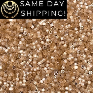 May include: Close-up of a pile of small, cylindrical, light brown seed beads. The beads are scattered, showing their individual shapes and the light reflecting off their surfaces. The text "SAME DAY SHIPPING!" is in a black rectangle at the top.