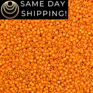 May include: A close-up image of a large quantity of small, round, orange seed beads. The beads are all the same size and shape, and they are arranged in a random pattern.