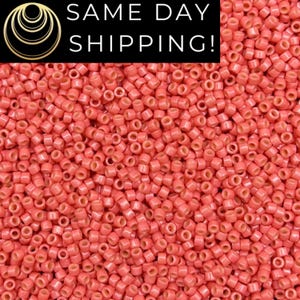 May include: A close-up image of a large quantity of small, round, coral-colored beads. The beads have a small hole in the center and are arranged in a random pattern.