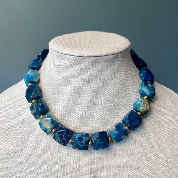 FREE SAME DAY SHiPPING! Bright Blue Bold Chunky Statement Fossil Coral Necklace with Bronze Accents, Mother's Day Gift, Gigantic Beads