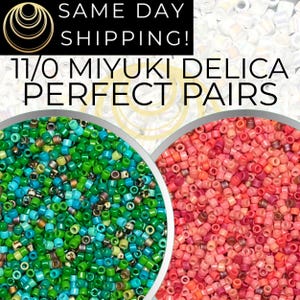 May include: Close-up of two circular displays of small, colorful beads. One display is filled with green and blue beads, the other with shades of red and pink. The text "11/0 MIYUKI DELICA PERFECT PAIRS" is displayed above the beads.