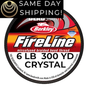May include: A circular spool of Berkley FireLine microfused braided bead thread in Crystal color. The label displays 6 LB 300 YD, the Beadsmith logo, and Dyneema branding. The packaging features red, black, and white graphics with clear text.