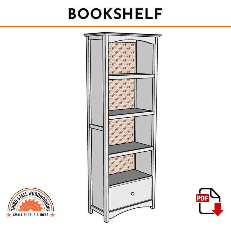 Op de afbeelding: Een witte boekenkast met vier planken en een lade aan de onderkant. De planken hebben een bloemmotief aan de achterkant.