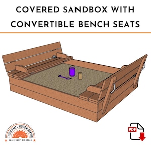 Può includere: Un'area di sabbia in legno con un coperchio incernierato che si trasforma in una panca. L'area di sabbia è realizzata in legno naturale e ha una finitura color legno marrone. Il coperchio è chiuso e l'area di sabbia è piena di sabbia. Ci sono due piccole pale da gioco e un secchiello nell'area di sabbia.