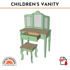 Könnte beinhalten: Ein grünes Kinder-Schminktisch-Set mit einem dreiteiligen Spiegel, einer Schublade und einem Hocker. Der Schminktisch ist aus Holz und hat eine helle Holzplatte. Der Hocker hat ein geschwungenes, verziertes Design.