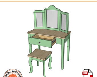 May include: A green children's vanity set with a three-panel mirror, a drawer, and a stool. The vanity is made of wood and has a light wood top. The stool has a curved, ornate design.