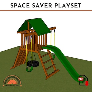 May include: A wooden space saver playset with a green roof, a slide, a tire swing, and a ladder. The playset is designed to be compact and fit in smaller yards. The playset is made of wood and has a green roof. The slide is green and the tire swing is black. The ladder is made of wood and has five steps. The playset is designed to be safe and fun for children.