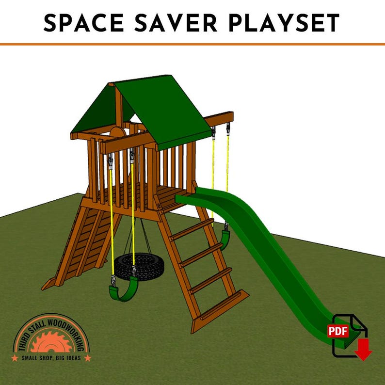 May include: A wooden space saver playset with a green roof, a slide, a tire swing, and a ladder. The playset is designed to be compact and fit in smaller yards. The playset is made of wood and has a green roof. The slide is green and the tire swing is black. The ladder is made of wood and has five steps. The playset is designed to be safe and fun for children.