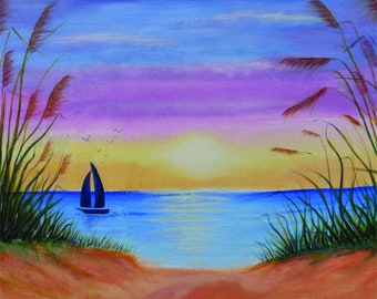This is a fine art print of my original acrylic painting. It features a sailboat in natural  seascape setting.