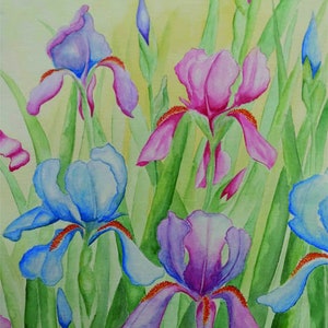 Peut inclure: Peinture à l'aquarelle d'iris violets, bleus et roses avec des feuilles et des tiges vertes sur un fond jaune clair.