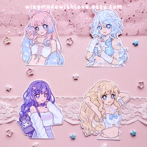 Genshin Girls Holographic Stickers Kokomi Furina Raiden Navia Pastel Aesthetic - Waterproof Double-sided Vinyl Sticker - by wingmadewithlove