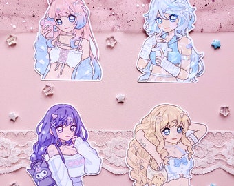 Genshin Girls Holographische Aufkleber Kokomi Furina Raiden Navia Pastel Aesthetic - Wasserfester doppelseitiger Vinyl Aufkleber - von wingmadewithlove