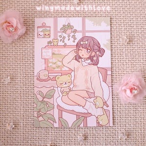 Impression d'art mat/holographique Kawaii Cottage Core Girl et ours Matcha - Art mural carte postale esthétique - par wingmadewithlove