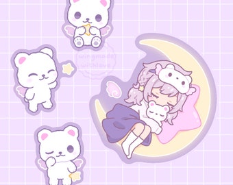 Cute Bear Starry Holographic Stickers - Chibi Sleeping Girl Cozy Dreamy Die-cut Stickers for Journal, Laptop - by wingmadewithlove