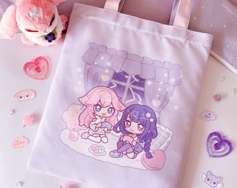 Eimiko Two-Way Tote Bag with Zip - Genshin Impact Yae Miko Raiden Shogun Ei Cute Double-sided Purple Pink Bag - by wingmadewithlove