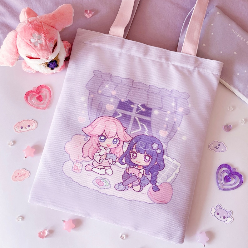 Eimiko Two-Way Tote Bag with Zip Genshin Impact Yae Miko Raiden Shogun Ei Cute Double-sided Purple Pink Bag by wingmadewithlove image 1