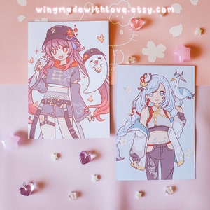 Genshin impression mate/holographique gros plan Hu Tao BooTao Shenhe Cloud Retainer Liyue affiche esthétique street style anime - par wingmadewithlove
