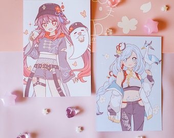 Genshin mat/holografische print close-up Hu Tao BooTao Shenhe Cloud Retainer Liyue Aesthetic Street Style anime poster - door wingmadewithlove